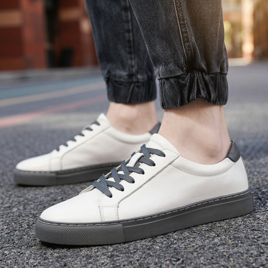 Men's Leather-Look Low-Top Trainers - Lace-Up Plain Toe - Gray & White, worn on foot