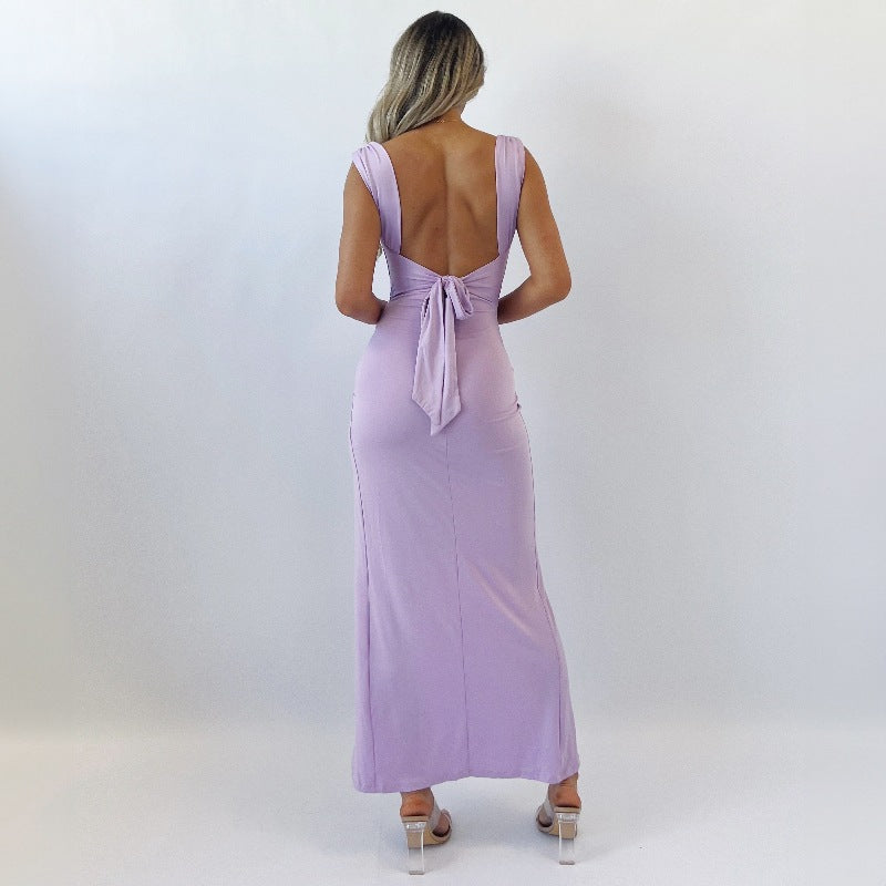 Women's Cowl Neck Maxi Dress - Ruched Side Slit - Open tie back