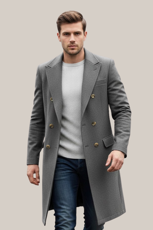 Men's Double-Breasted Long Coat - Grey