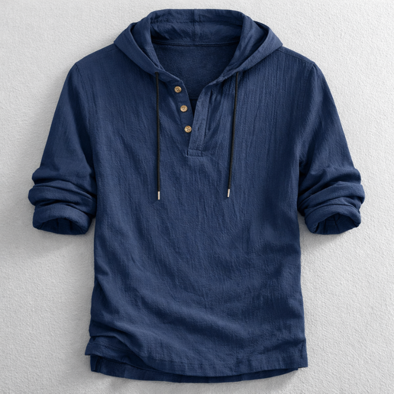 Men's Hooded Henley Shirt - Button Placket, Drawstring Hood - Navy