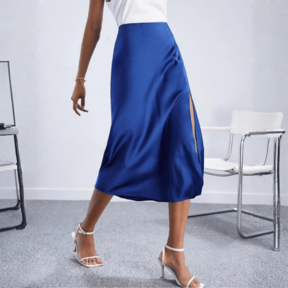 Women's High-Waist Satin Midi Skirt - Side Slit - Blue, walking pose