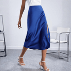 Women's High-Waist Satin Midi Skirt - Side Slit - Blue, walking pose