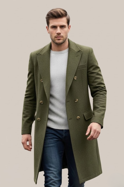 Men's Double-Breasted Long Coat - Olive Green