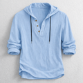 Men's Hooded Henley Shirt - Button Placket, Drawstring Hood - Blue