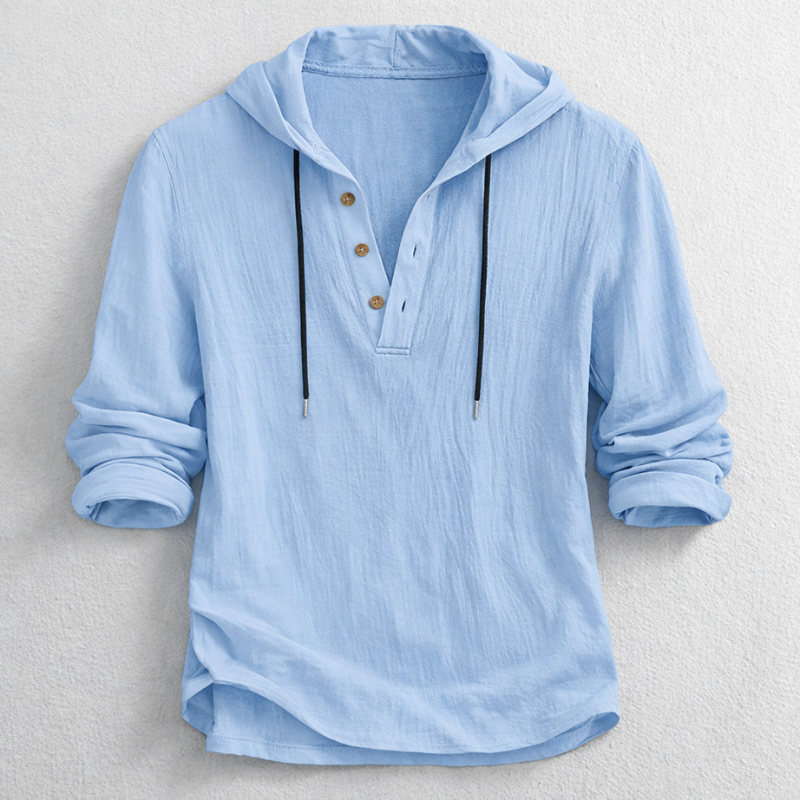 Men's Hooded Henley Shirt - Button Placket, Drawstring Hood - Blue