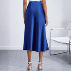 Women's High-Waist Satin Midi Skirt - Side Slit - Blue, back view