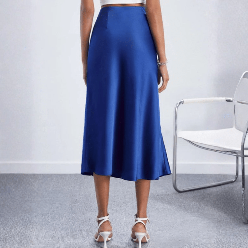 Women's High-Waist Satin Midi Skirt - Side Slit - Blue, back view
