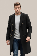 Men's Double-Breasted Long Coat - Black