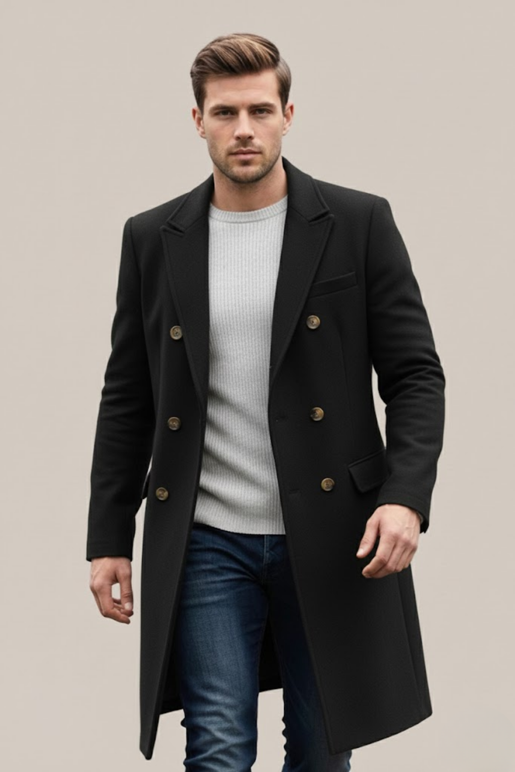 Men's Double-Breasted Long Coat - Black