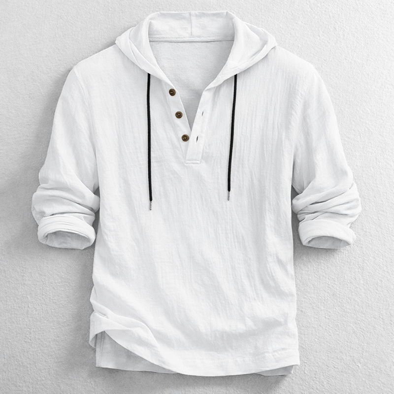 Men's Hooded Henley Shirt - Button Placket, Drawstring Hood - White