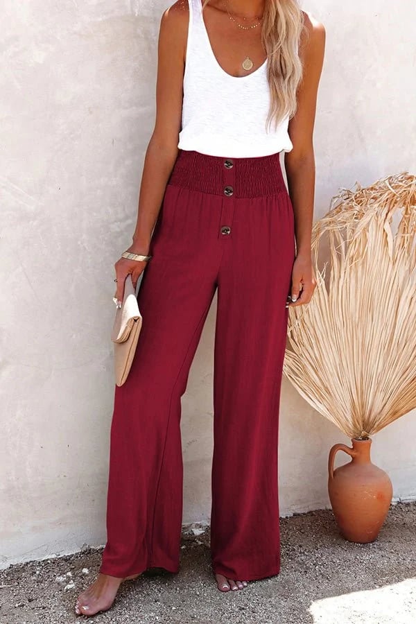 Women's Wide-Leg Trousers - Smocked Waistband - Button Front - Wine Red
