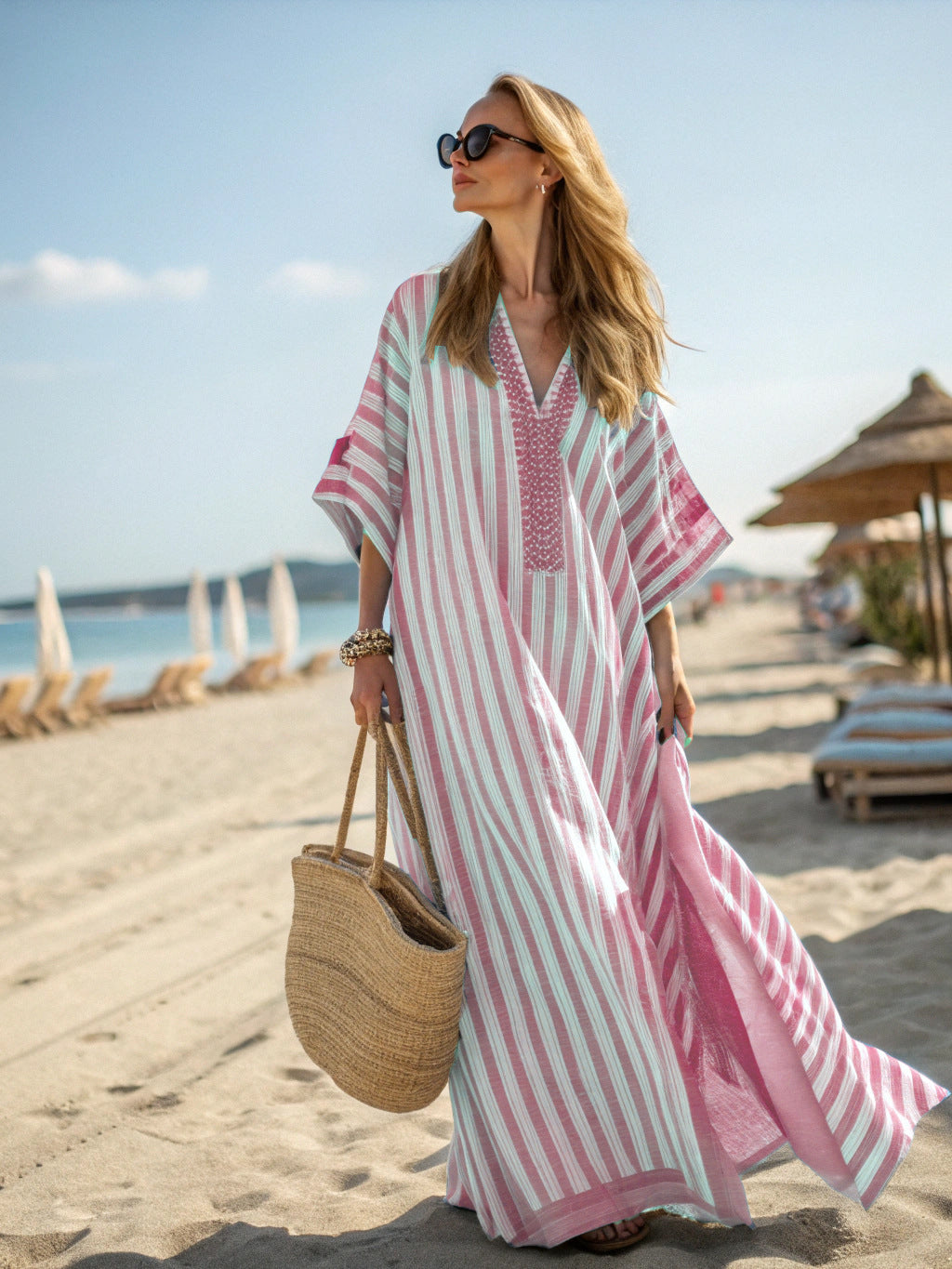 Women's V-Neck Kaftan Maxi Dress - Wide Sleeve - Pink stripe