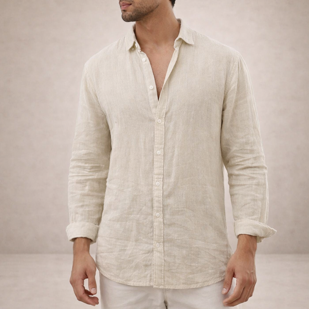 Men's Long Sleeve Button-Front Shirt - Classic Collar - Khaki