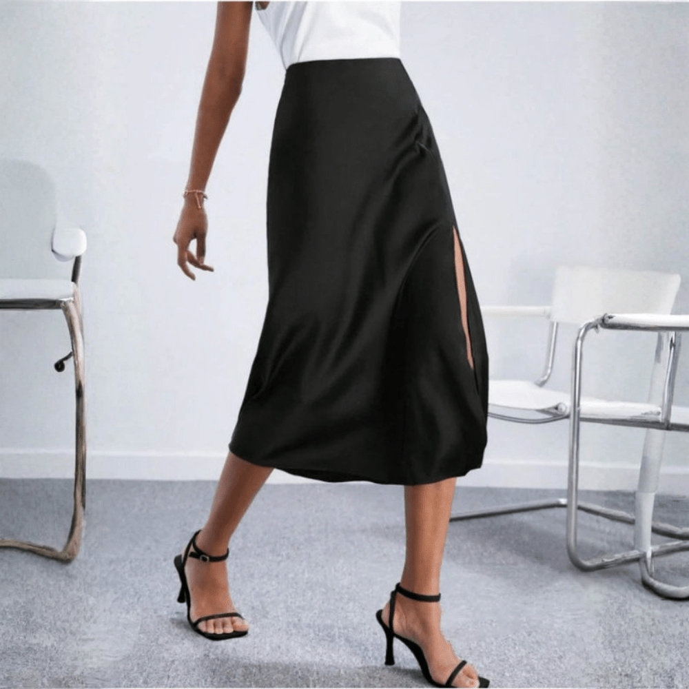 Women's High-Waist Satin Midi Skirt - Side Slit - Black