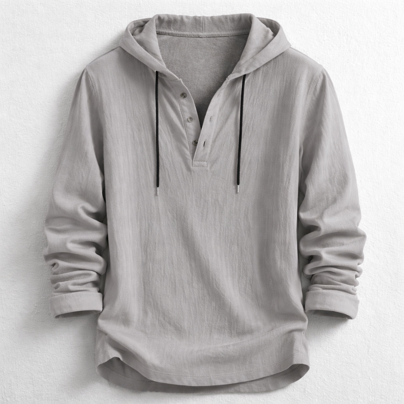 Men's Hooded Henley Shirt - Button Placket, Drawstring Hood - Grey