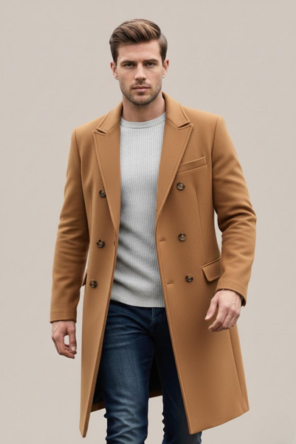 Men's Double-Breasted Long Coat - Camel