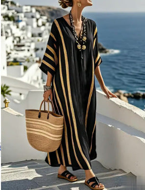 Women's V-Neck Kaftan Maxi Dress - Wide Sleeve - Black stripe
