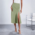Women's High-Waist Satin Midi Skirt - Side Slit - Light Green