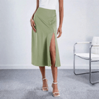Women's High-Waist Satin Midi Skirt - Side Slit - Light Green