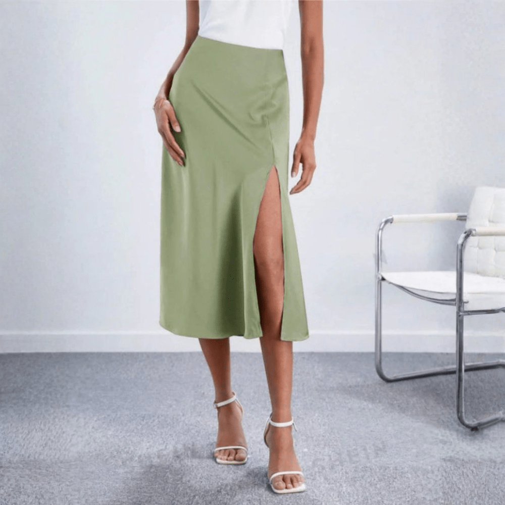 Women's High-Waist Satin Midi Skirt - Side Slit - Light Green