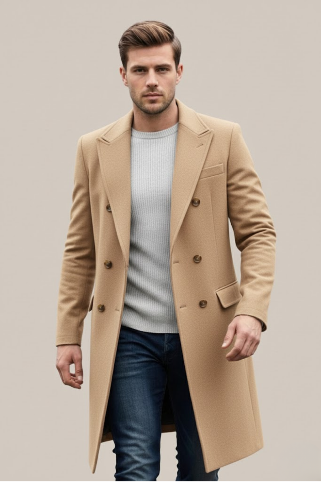 Men's Double-Breasted Long Coat - Beige
