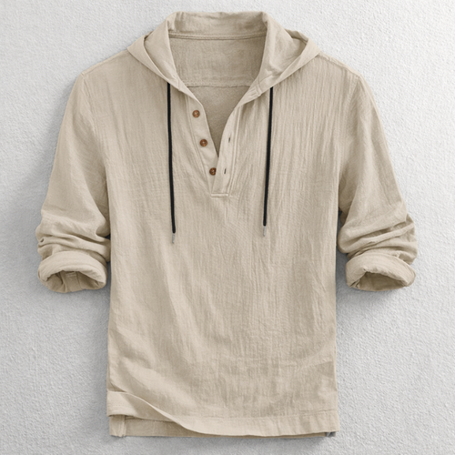 Men's Hooded Henley Shirt - Button Placket, Drawstring Hood - Sand