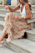 Women's Tiered Tulle Maxi Skirt - Elasticated High Waist - Beige, seated view