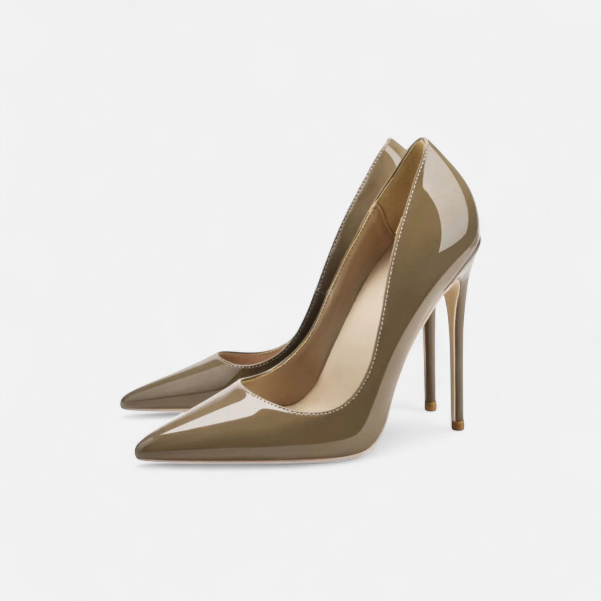Women's Patent Court Shoes - Pointed Toe - Stiletto Heel - Khaki