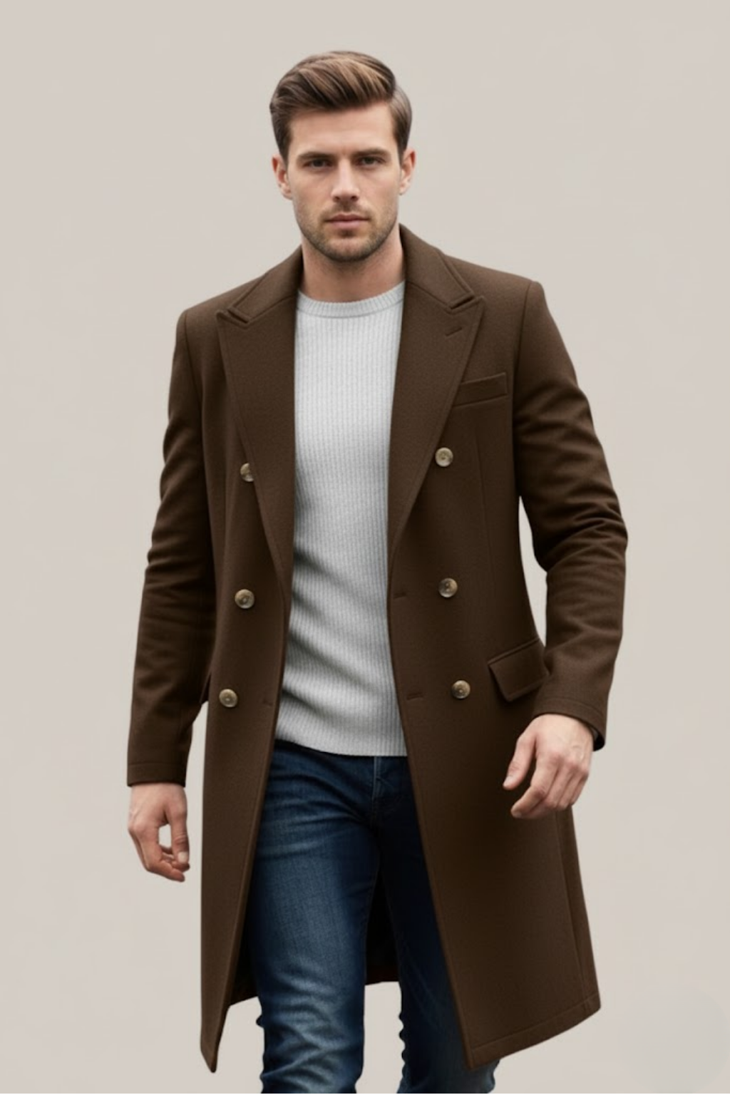 Men's Double-Breasted Long Coat - Coffee