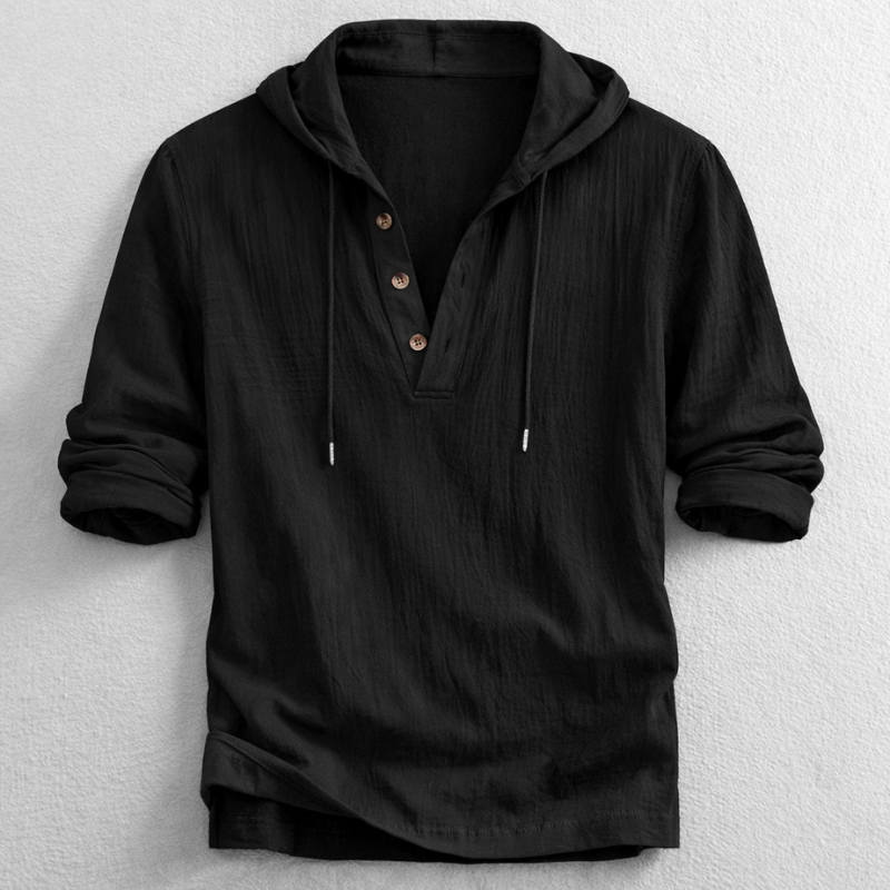 Men's Hooded Henley Shirt - Button Placket, Drawstring Hood - Black