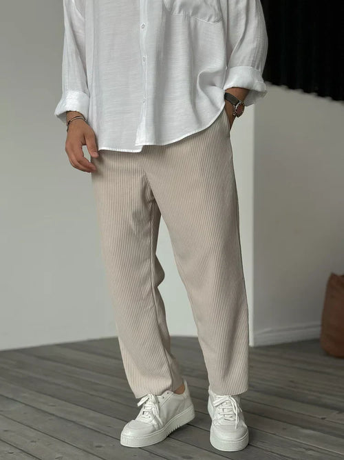 Men's Ribbed Straight Leg Trousers - Elasticated Waist - Beige
