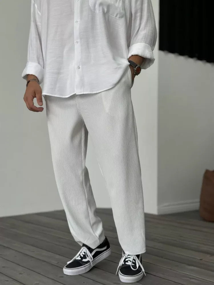 Men's Ribbed Straight Leg Trousers - Elasticated Waist - White