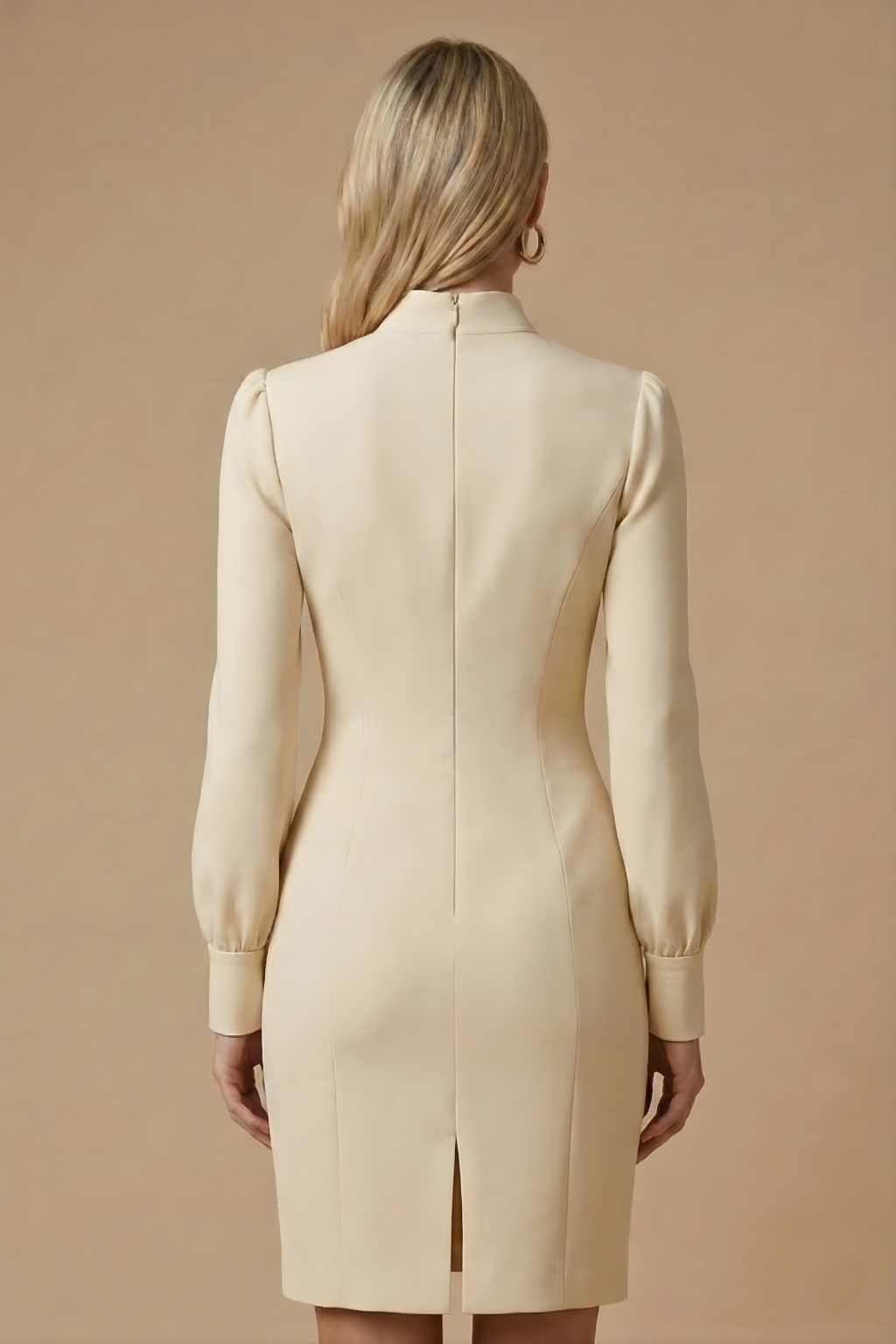 Women's Stand Collar Cutout Dress - Puff Long Sleeve - Back view with zip