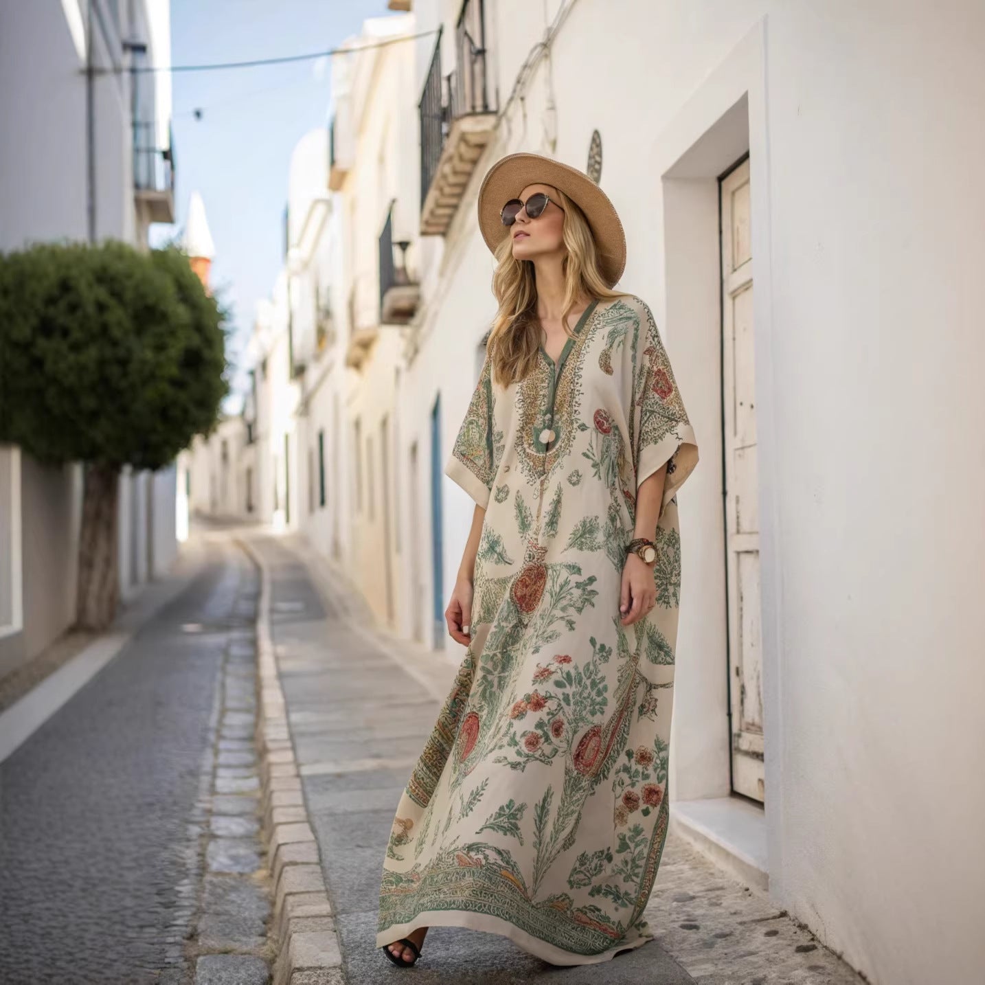 Women's V-Neck Kaftan Maxi Dress - Wide Sleeve - Green print