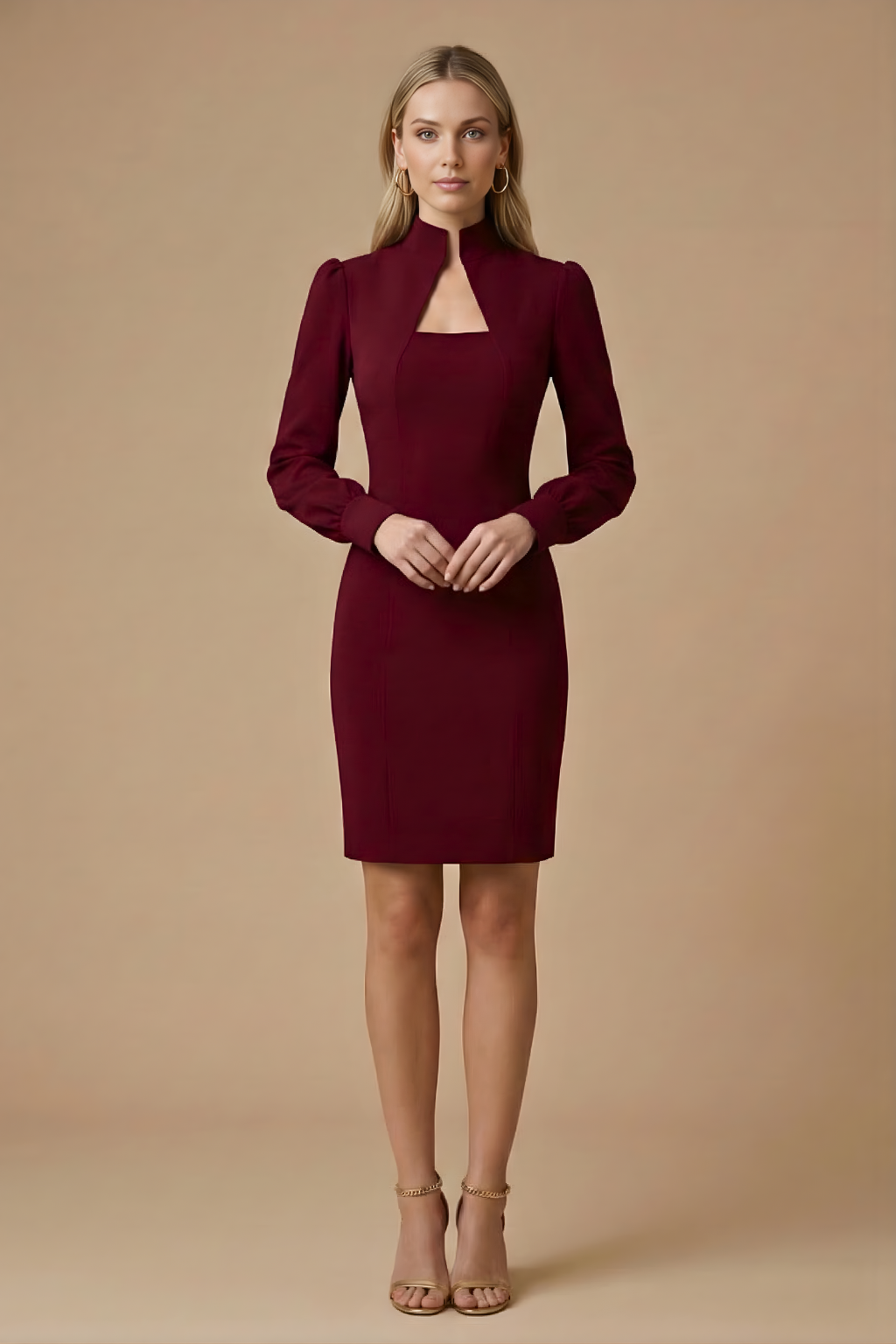Women's Stand Collar Cutout Dress - Puff Long Sleeve - Wine Red