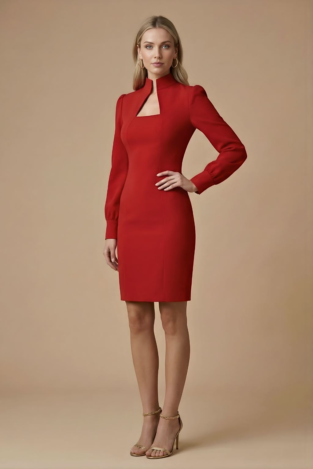 Women's Stand Collar Cutout Dress - Puff Long Sleeve - Red