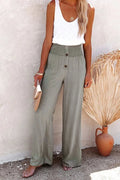 Women's Wide-Leg Trousers - Smocked Waistband - Button Front - Green