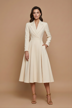 Women's Notched Lapel Midi Dress - Pleated A-Line Skirt - Cream