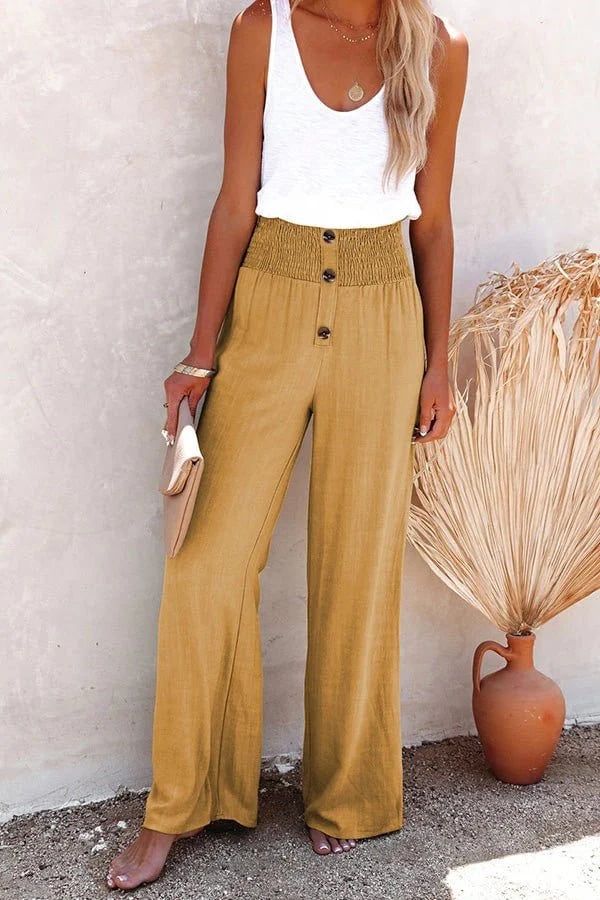 Women's Wide-Leg Trousers - Smocked Waistband - Button Front - Khaki