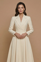Women's Notched Lapel Midi Dress - Pleated A-Line Skirt - Cream front detail