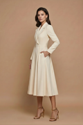 Women's Notched Lapel Midi Dress - Pleated A-Line Skirt - Cream side view