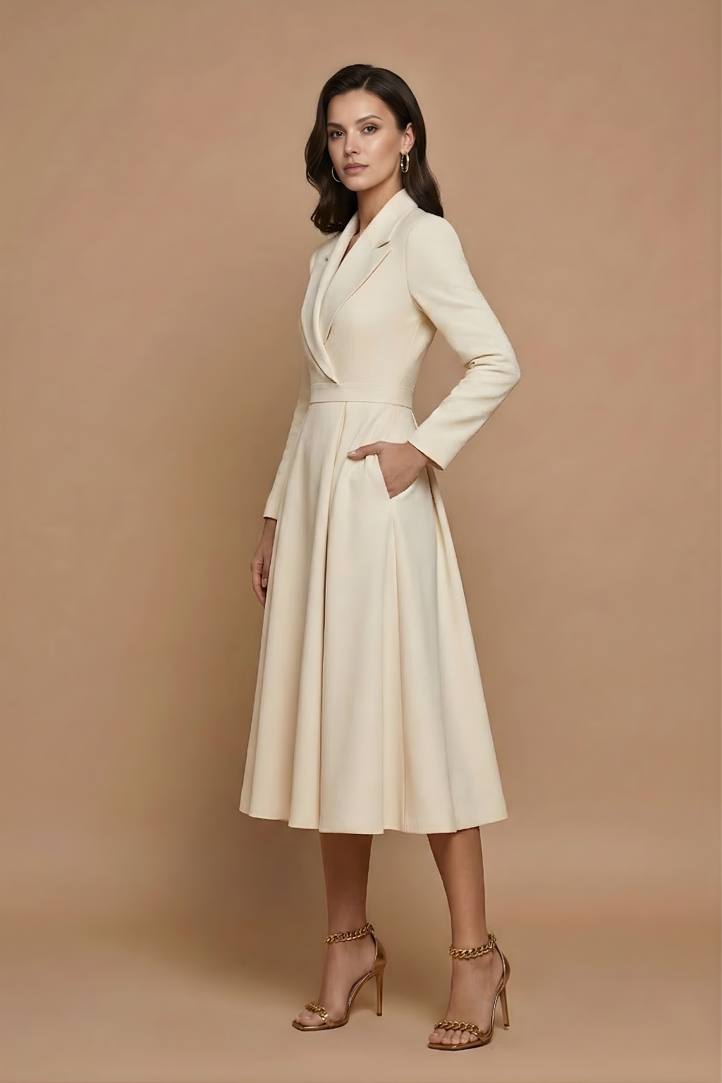 Women's Notched Lapel Midi Dress - Pleated A-Line Skirt - Cream side view