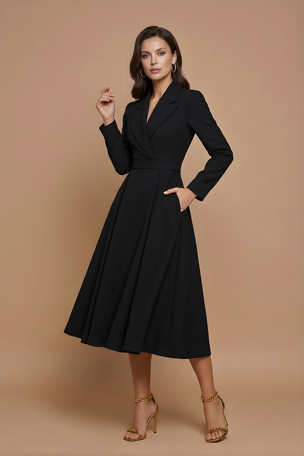Women's Notched Lapel Midi Dress - Pleated A-Line Skirt - Black