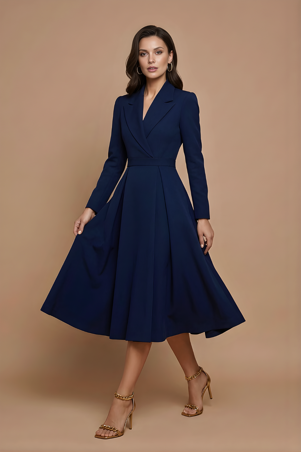 Women's Notched Lapel Midi Dress - Pleated A-Line Skirt - Navy Blue