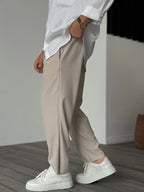 Men's Ribbed Straight Leg Trousers - Elasticated Waist - Beige, walking pose