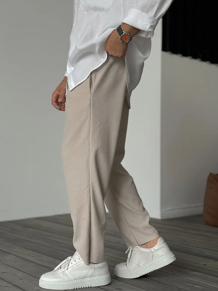 Men's Ribbed Straight Leg Trousers - Elasticated Waist - Beige, walking pose