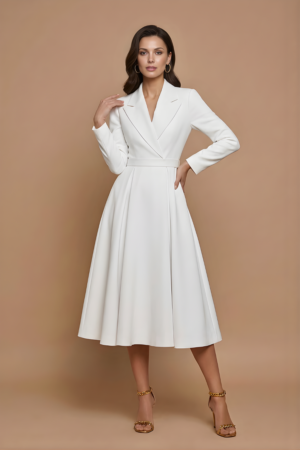 Women's Notched Lapel Midi Dress - Pleated A-Line Skirt - White