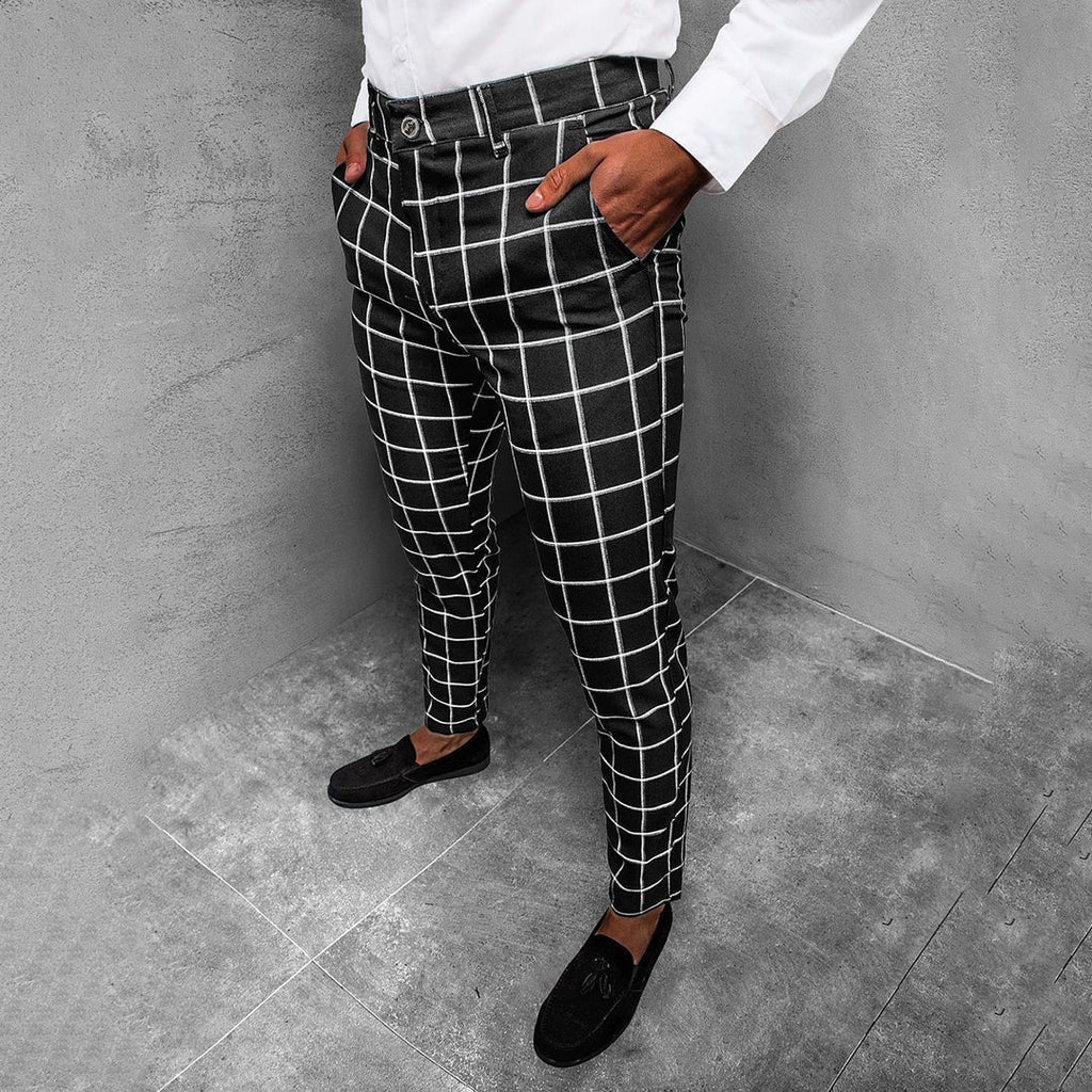 Men's Windowpane Check Tapered Trousers with Button Closure - Black with white check