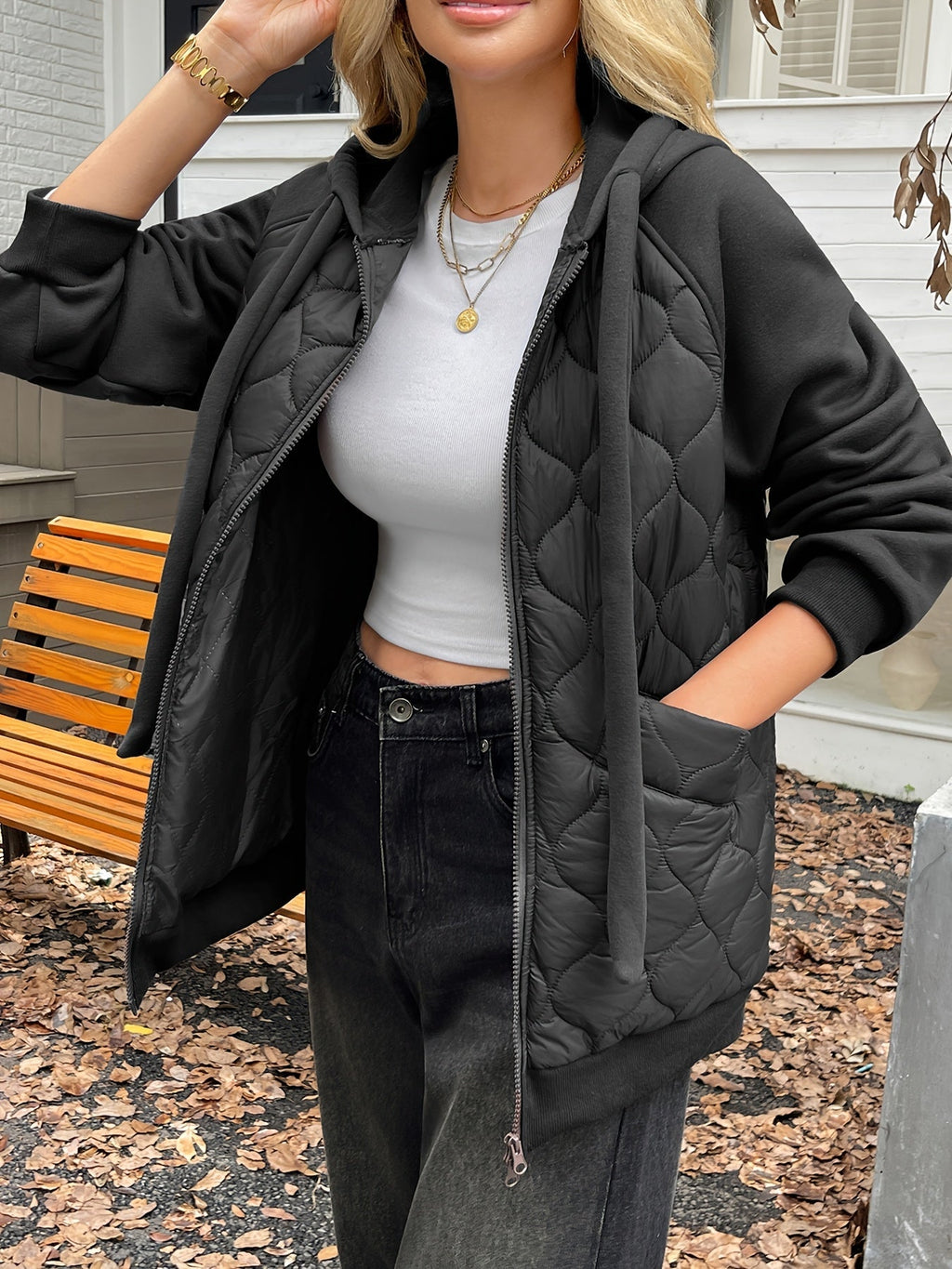 Women's Quilted Hooded Jacket - front view