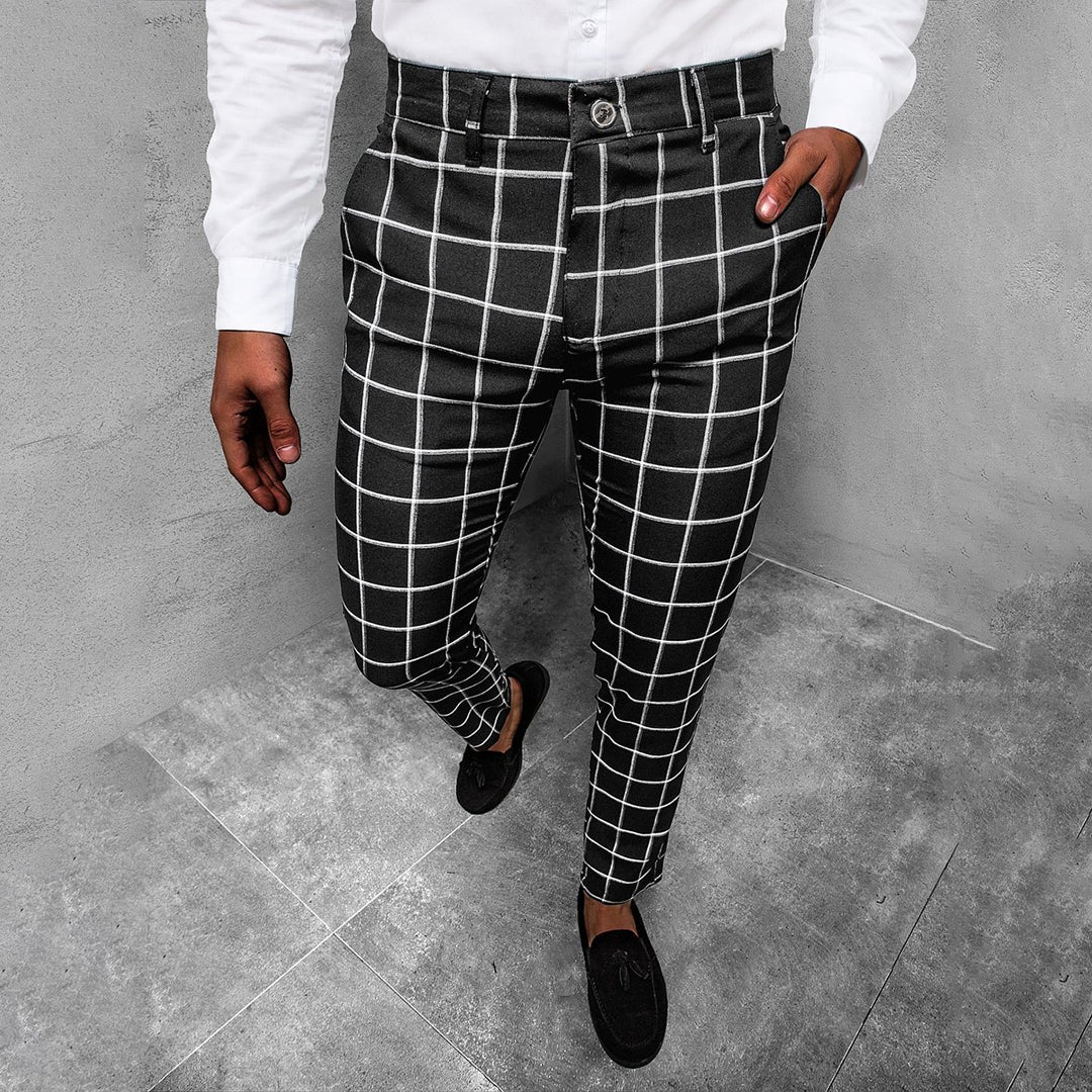 Men's Windowpane Check Tapered Trousers with Button Closure - Black, waistband detail